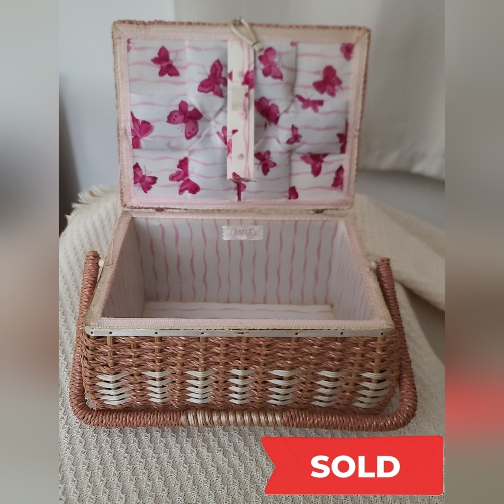Vintage Dritz Sewing Basket - Super Cute Pink Wicker and Butterflies - LOVELY